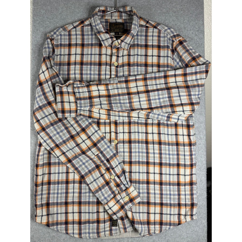 Lucky Brand Mens Large Plaid Flannel Button Down Shirt Orange Blue White L/G